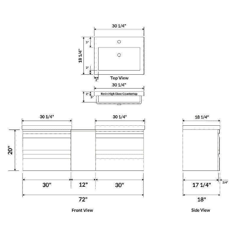 Meuble-lavabo mural double l 72 po x P 18 po x H 22 po