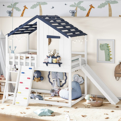 Lit mezzanine double en bois massif avec glissade mobile, escalade et diverses méthodes de placement