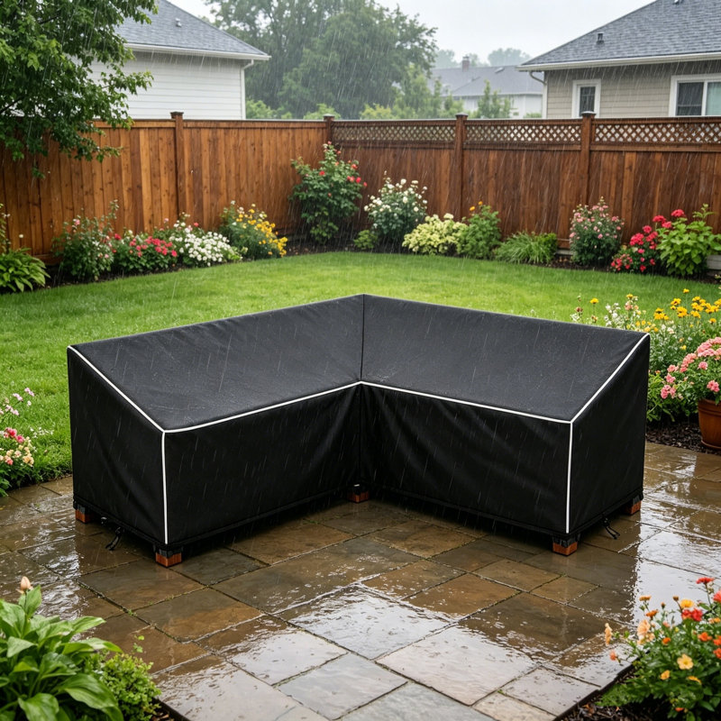 Housse robuste pour canapé de patio en forme de V noire, résistante aux intempéries avec garniture de sangle blanche, évents et attaches sécuritaires, L 85 po x l 34 po x H 31 po