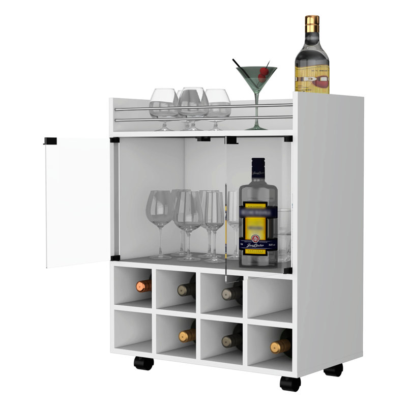 8 Rack Bar Cart In White With Double Glass Door Neatness Shine