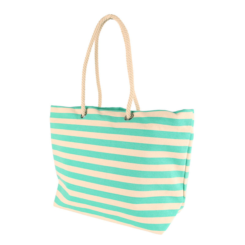 Large Striped Canvas Tote Beach Bag - 55cm x 36cm, Green/Beige