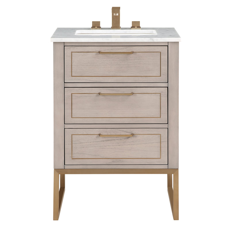 Markham 24'' Single Bathroom Vanity with Top, Cashmere Gray, Carrara Marble, Satin Brass