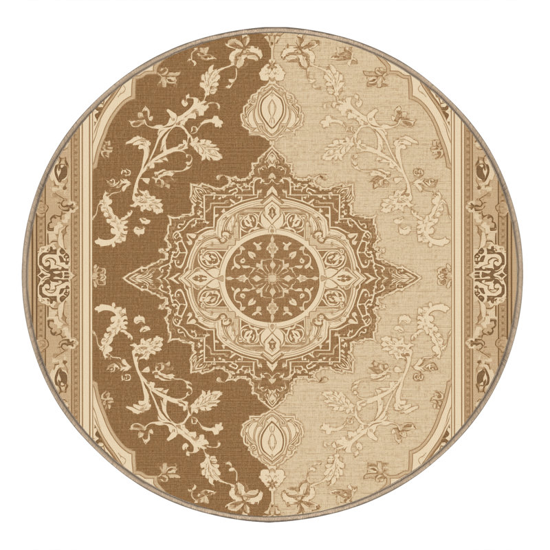 Machine Washable Pahola Traditional Oriental Rug in Beige – Beige Binding, 6' Round