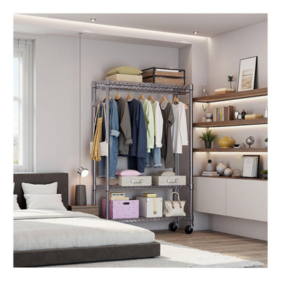 Portant à vêtements robuste sur roulettes, organisateur de garde-robe sur roulettes et support à vêtements avec 1 tringle à vêtements, garde-robe ajustable en métal, P 15,7 po x l 45,3 po x H 75,6 po, chrome
