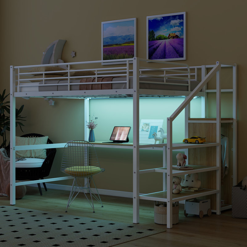 Lit mezzanine en métal avec bureau, escalier de rangement et éclairage à DEL, Blanc / Naturel