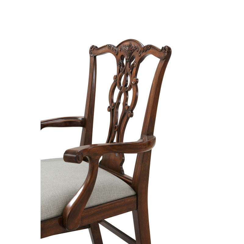 Mahogany Chippendale Upholstered Arm Chair with Gray Seat