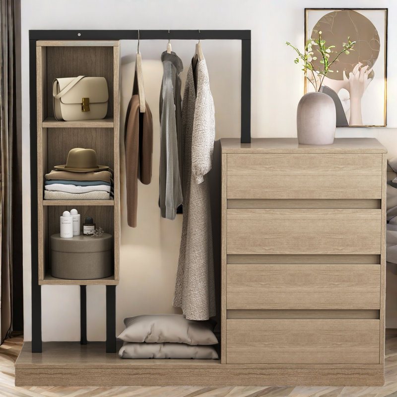 Vasilia Wardrobe with 4 Drawers, 3 Open Compartments and Multiple Shelves, Natural