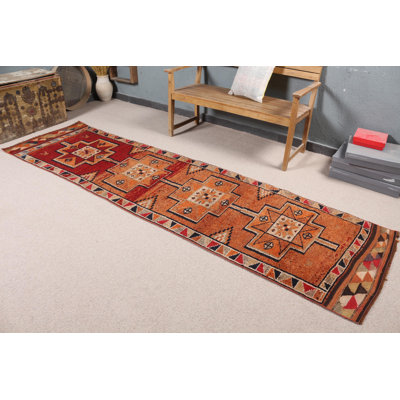 Tapis de couloir turc en laine tissé à la main à motif géométrique orange pour un attrait vibrant de couloir