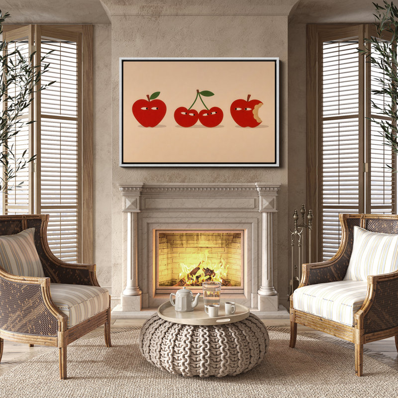 Playful Apples and Cherries with Expressive Faces Illustration Framed Print Wall Art, 16" H x 24" W, White
