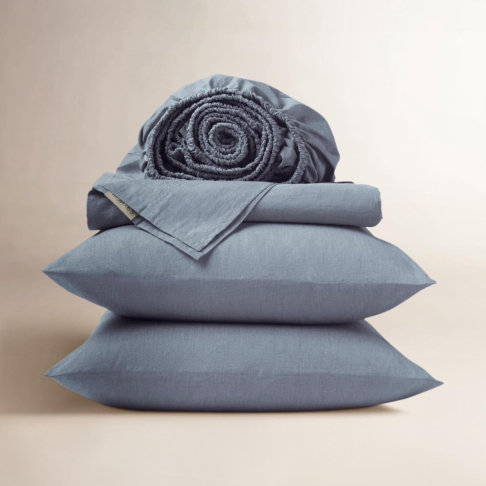 Organic Crinkled Percale 100% Cotton Percale Sheet Set, Queen Sheet Set with 2 Pillowcases, Indigo Chambray