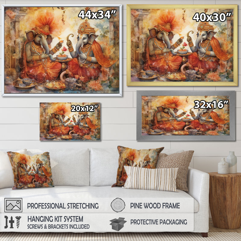 L'hindouisme aquarelle Ganesha avec détails complexes sur toile, Cadre doré simple, H 16 po x l 32 po x P 1 po