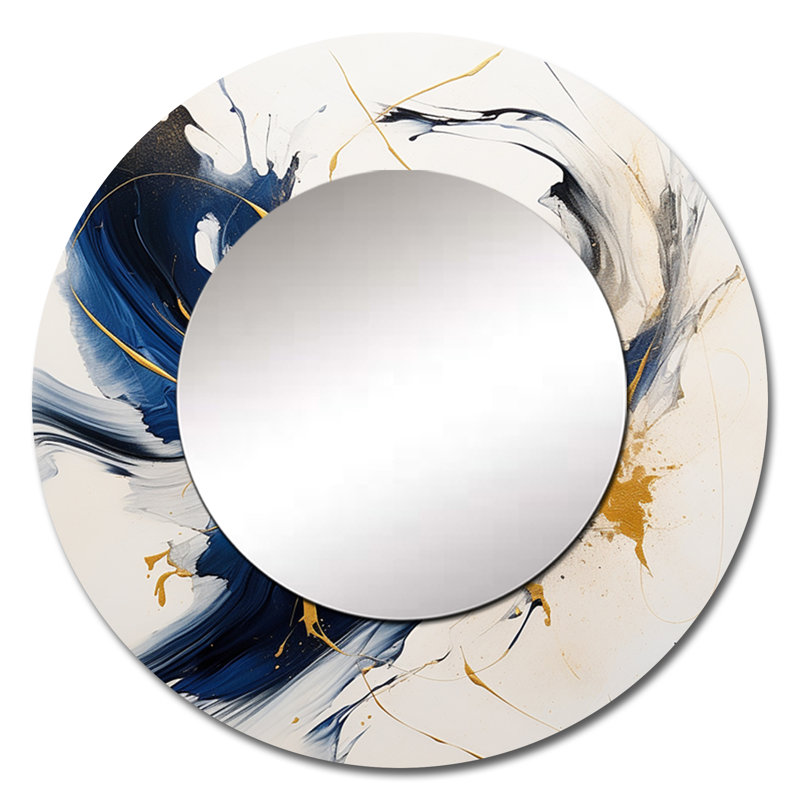 Bleu foncé et or Strokes VII - miroir mural fractal, miroir décoratif rond bleu, impression d'art en métal, 29 po x 29 po