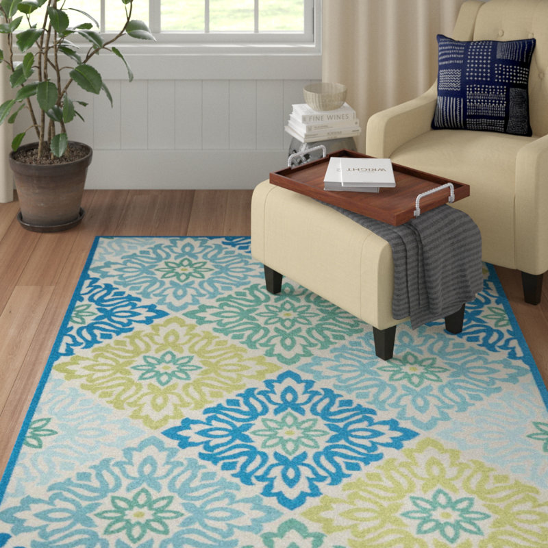 Wifrith Geometric Blue/Green Outdoor Area Rug, Rectangle 5'3" x 7'5"