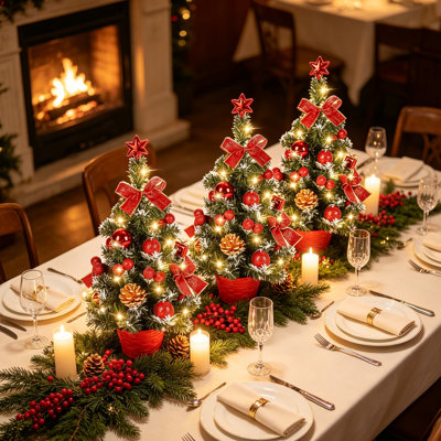 Ensemble de 3 mini arbres de Noël avec lumières DEL chaudes - Arbres de bureau pré-décorés de 16 po avec des étoiles, des ornements, des arcs et des pommes de pin pour la maison, le bureau, une tablette ou une fête - à piles, sans dégâts