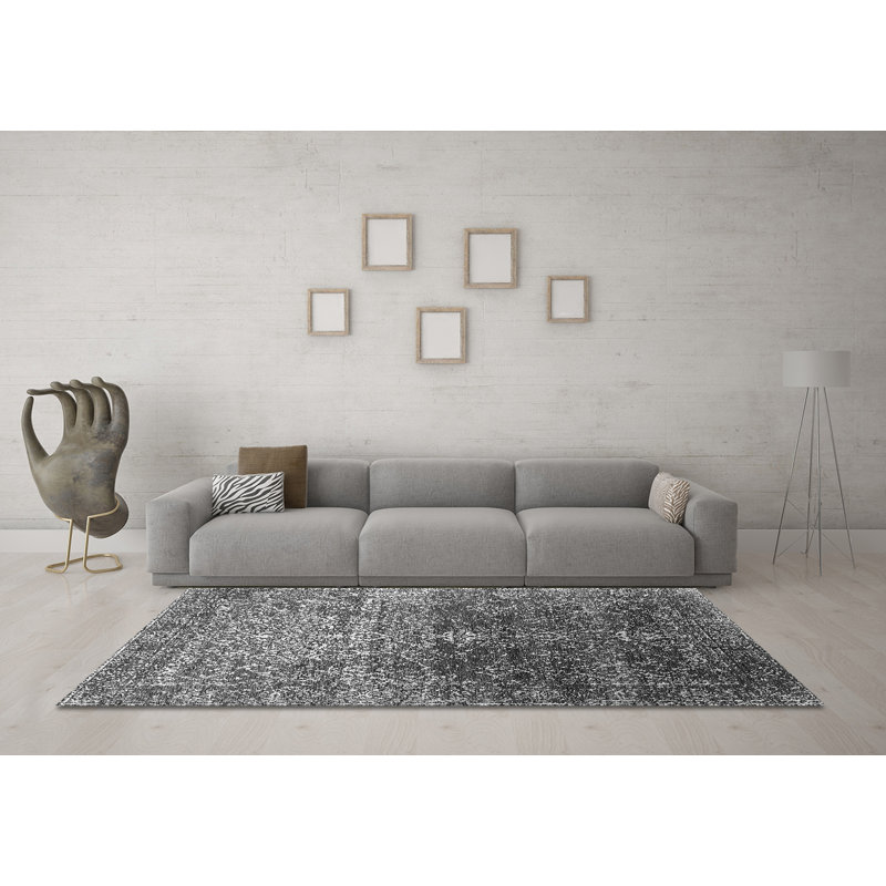Tapis oriental en polyester / chenille tissé à la machine en gris / noir Glass, Rond 3 pi