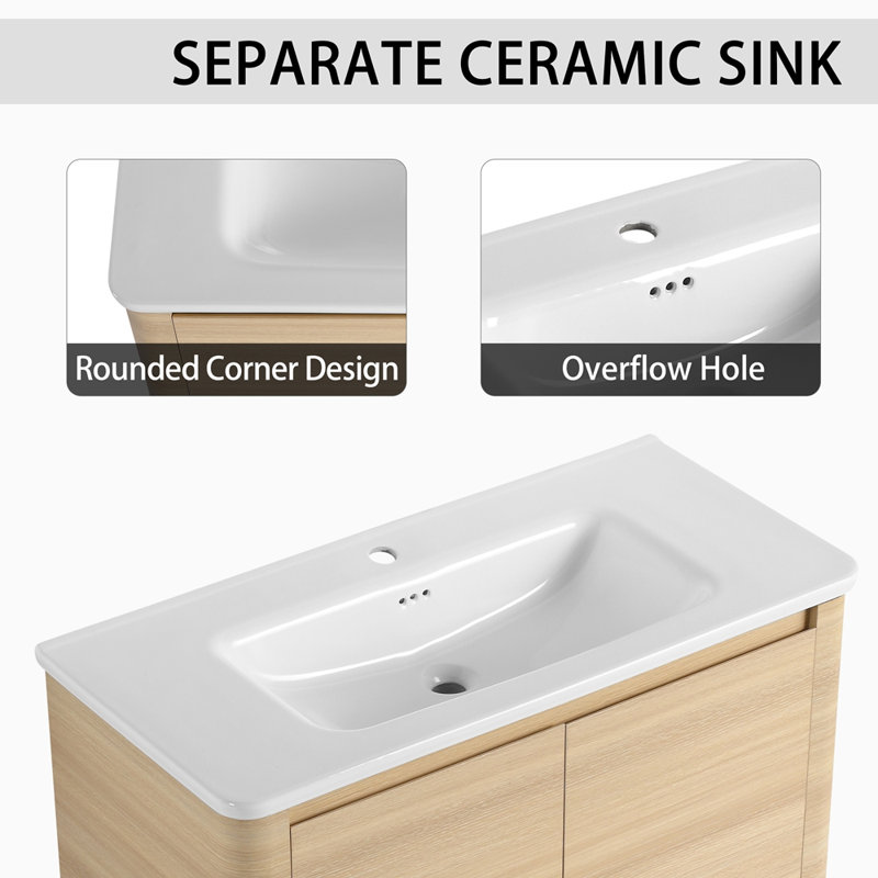 Meuble-lavabo autoportant de 40 po avec lavabo en céramique blanche et porte à fermeture douce 2 po, emballage KD, contreplaqué
