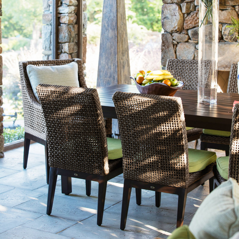 Peninsula Patio Dining Armchair with Cushions, Linen Forest, Mahogany/Chestnut, Welt