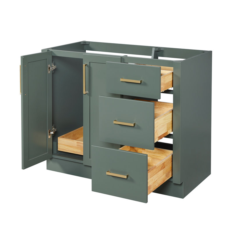Meuble-lavabo de salle de bain avec lavabo ovale simple décalé à gauche de 43 pouces et comptoir en quartz blanc pur de 1,5 pouce, couleur vert vintage
