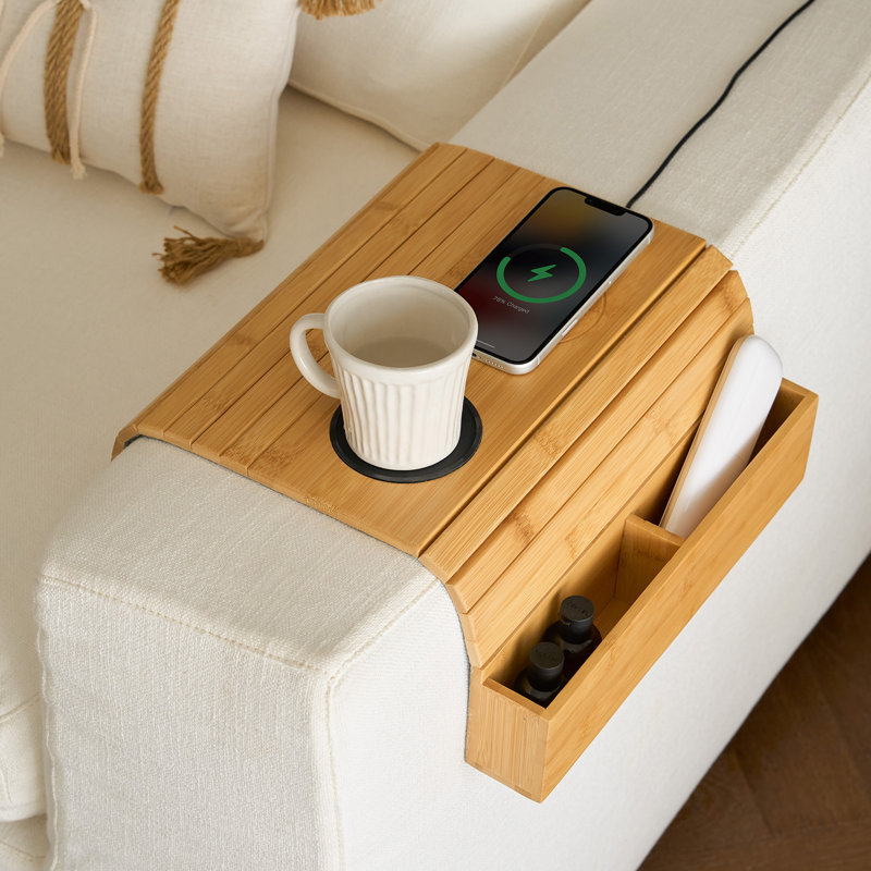 Bamboo Left Sofa Armrest Tray with 15W Wireless Charger, Cup Holder and Storage