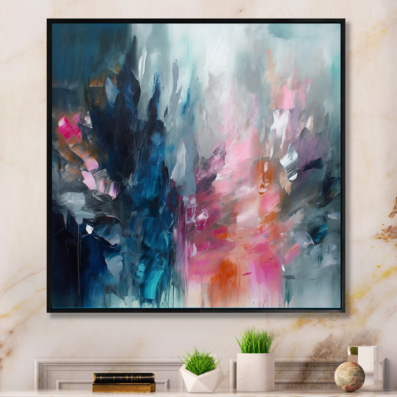 «Delvontae Blue and Pink Explosion Abstract», art mural abstrait, H 24 po x l 24 po, Reproduction avec cadre flottant, Noir