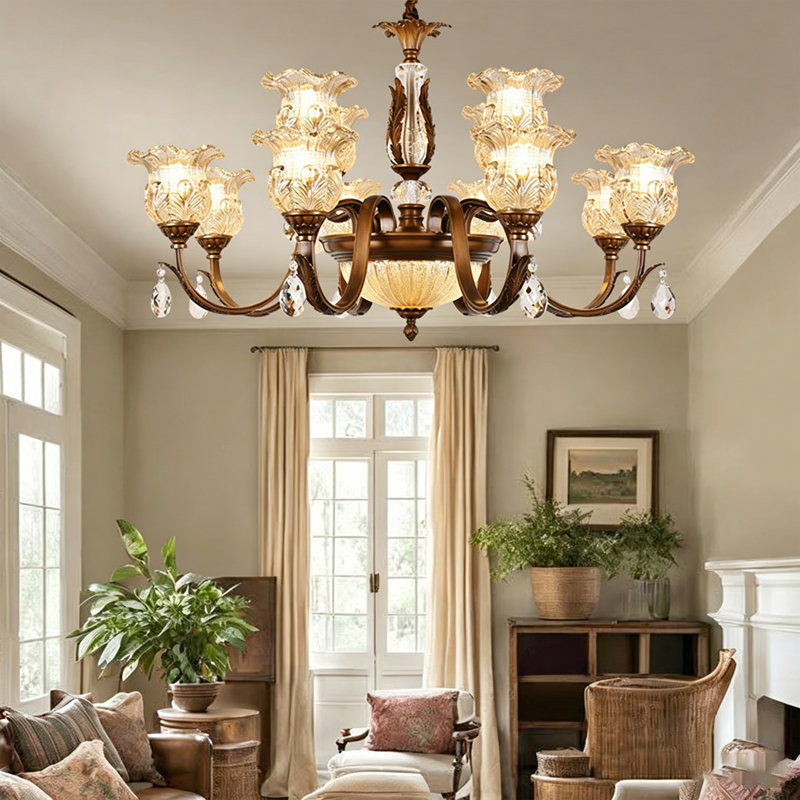 Lustre 33,86 po American Vintage, luminaire suspendu en fer forgé 8 lumières, éclairage de salon