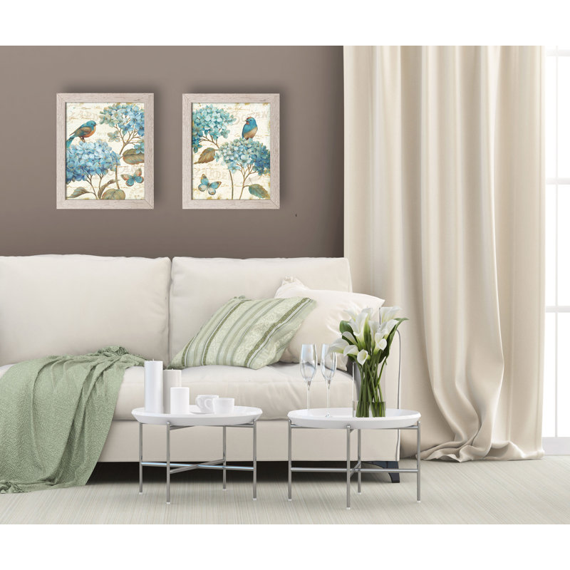 Ensemble de 2 reproductions d’art encadrées, "magnifique hortensia style aquarelle" , fleurs, oiseaux et papillons