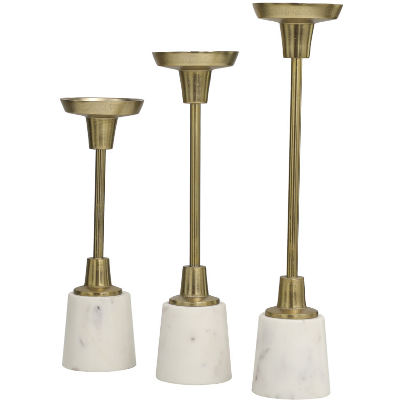 Gold Aluminum and White Marble Tabletop Candle Holder Set
