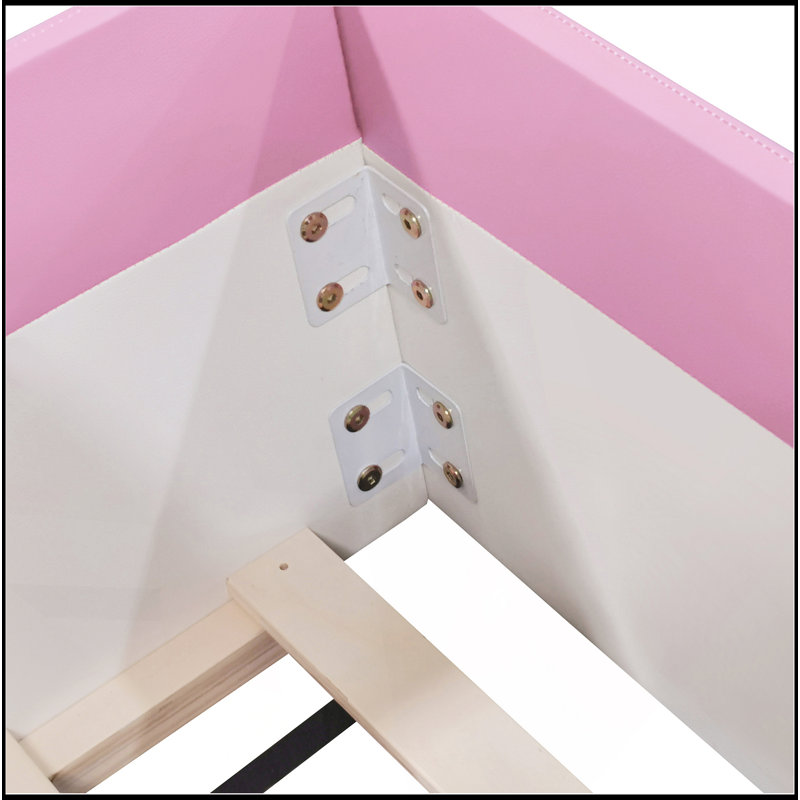 Structure de lit de jour rembourré avec clôture et escalier, Lit simple, Rose/Blanc