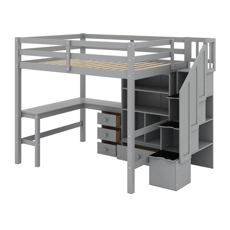 Lit mezzanine double avec bureau et tiroirs, Gris