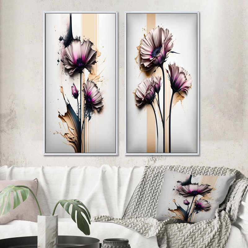 «Pink Gerbera Flower On Abstract Fusion», 2 pièces sur toile, Cadre blanc, H 40 po x l 40 po