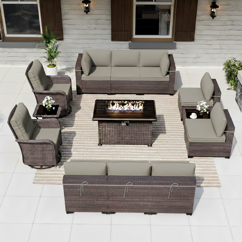 13 Pieces All-Weather Wicker Patio Furniture Set With Propane Fire Pit Table, Swivel Rocking Chairs, And Cushions, Gray