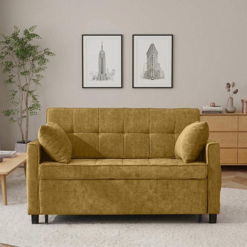 56.9'' Upholstered Convertible Sleeper Sofa with USB and Side Pocket, Yellow