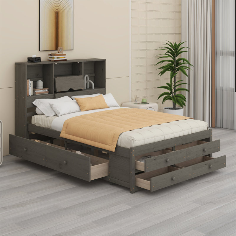 Lit plateforme avec tête de lit avec rangement et 8 tiroirs, Gris