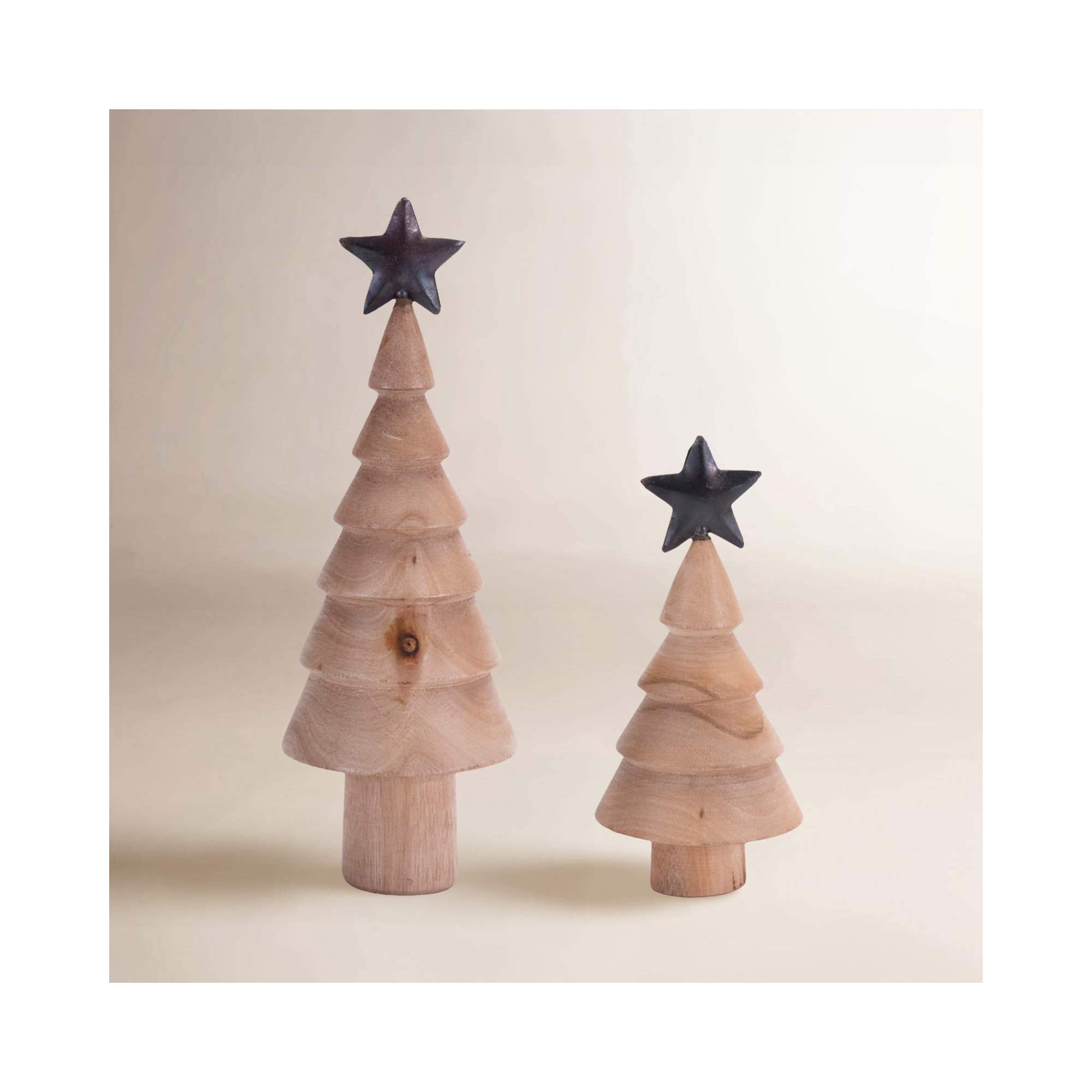 Natural Wood Tree with Metal Star (Set of 2)