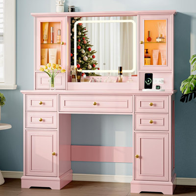 Modern Vanity Desk With HD Lighted Mirror & Power Outlet, Vanity Table With Storage Cabinet & 7 Drawers, with Brightness Lighting