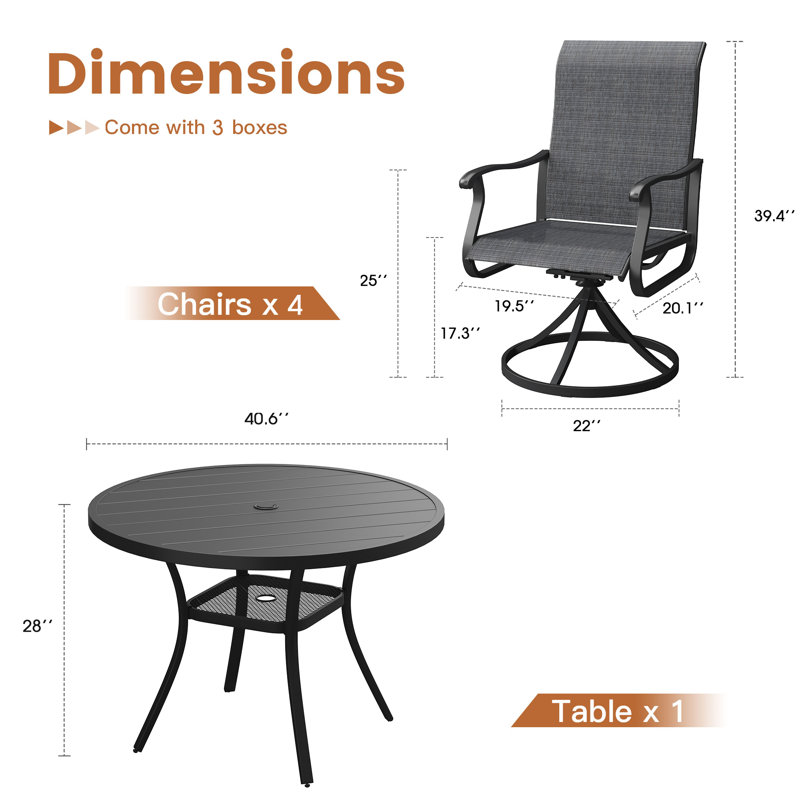 Ensemble repas pour 4 personnes avec table ronde en métal et 4 chaises pivotantes en textilène, Noir / gris foncé