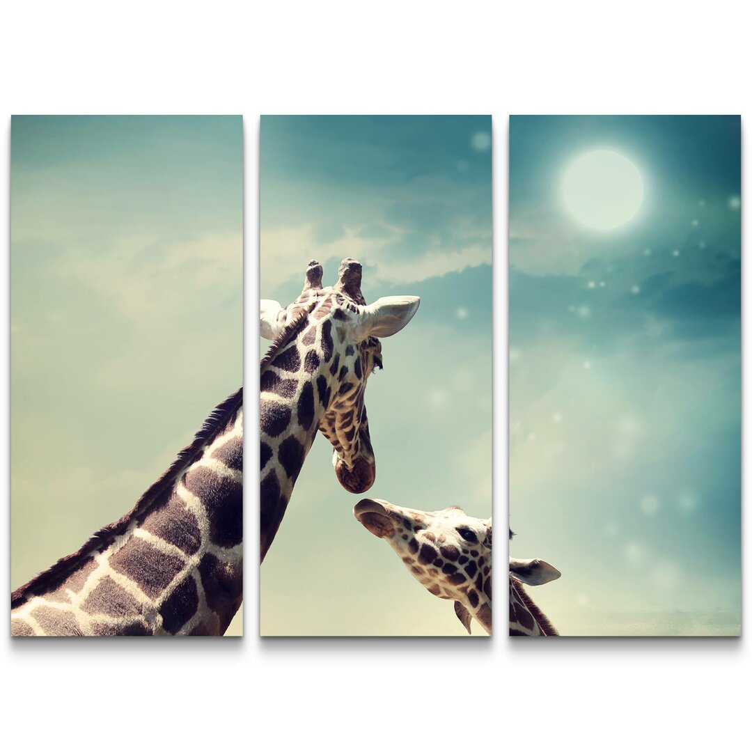 3-tlg. Leinwandbilder-Set Giraffe mit Kind