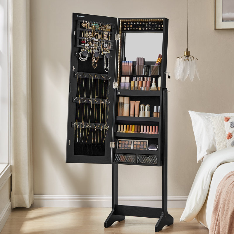 Armoire pour bijoux avec miroir autoportante Aganlane, Lumières DEL noires