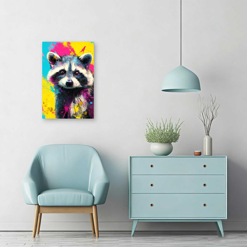 Mignon raton laveur, art mural sur toile pour décor de salon moderne 12 "x 18" jaune