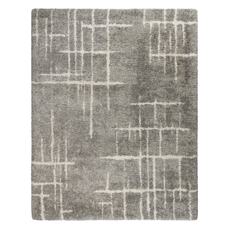  Ultimate Shag Modern Abstract Lines Gray Ivory Polypropylene Thick Plush Shag Area Rug
