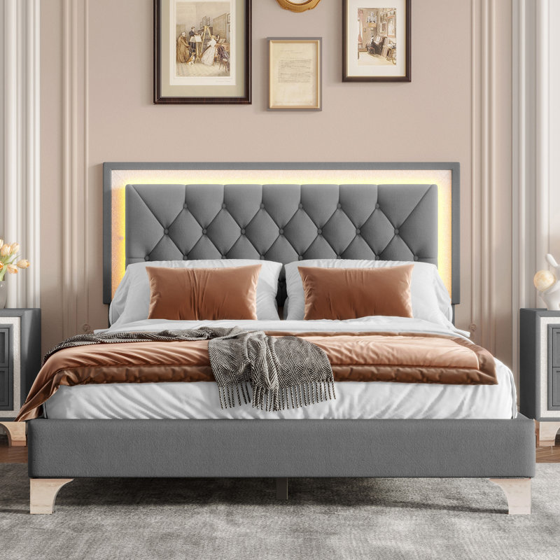 Structure de lit tapissier avec lumières DEL, lit plateforme en velours moderne avec tête de lit capitonnée, Double
