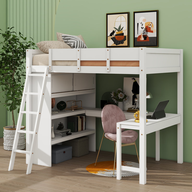  Lit mezzanine avec bureau et tablette Johnnette, Blanc