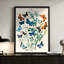 Papillons et fleurs abstraits modernes: un éventail vibrant de papillons perchés sur des fleurs, style botanique. Art mural 24 "x 36" avec cadre en bois noir