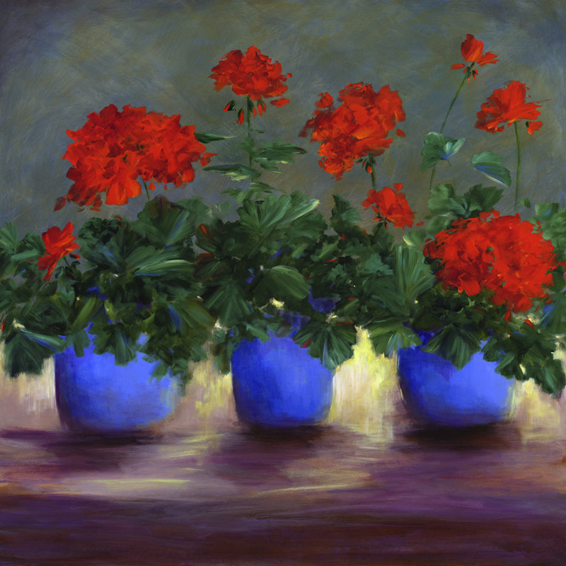 «Geraniums V» par Sheila Finch - peinture sur toile tendue, H 36 po x l 36 po x P 1,25 po