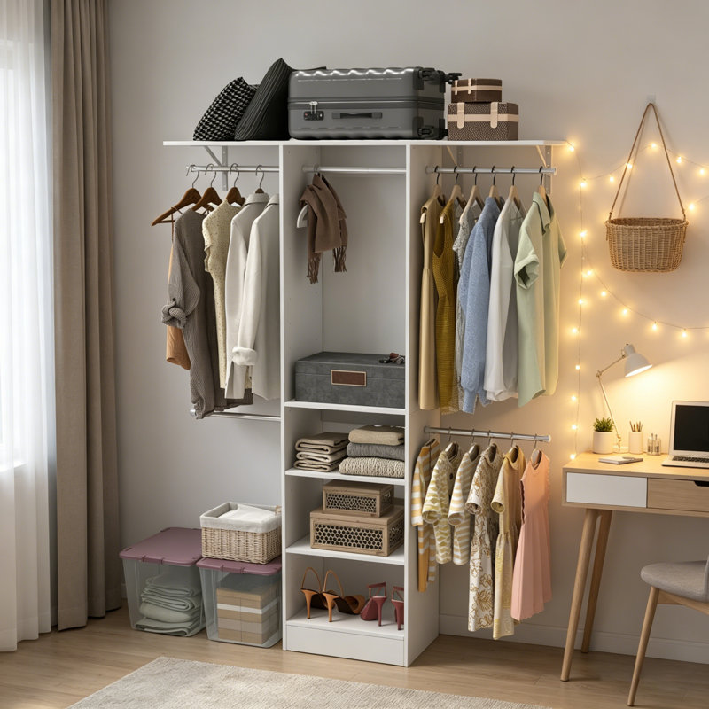 Système d'organisation, organisateur avec tablettes réglables et 5 tringles extensibles, 3 à 5 pi, blanc