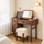 Walnut Solid Wood and Glass Vanity with Mirror and Seat