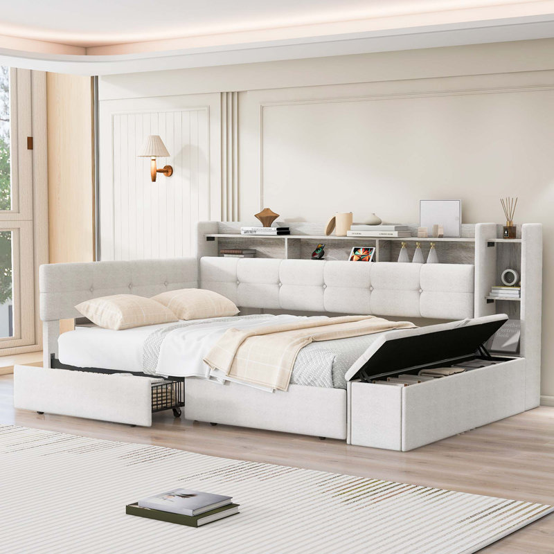 Lit de jour moderne rembourré avec rangement intégré et caractéristiques intelligentes, Beige