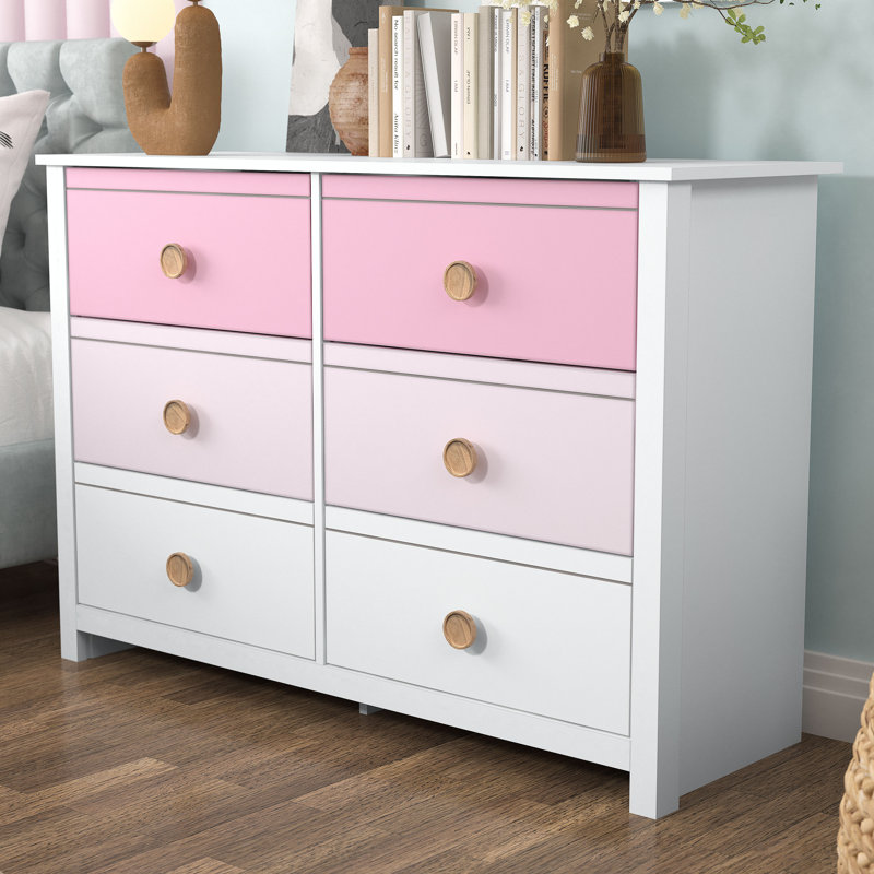 Bustillo 46.1'' W kids 6 -Drawer Dresser, White/Light Pink/ Baby Pink