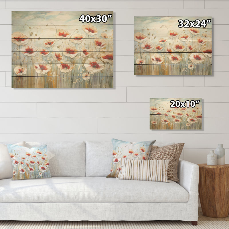 Champ de coquelicots rouges et gris - coquelicots, art mural sur bois de pin naturel, H 24 po x l 32 po