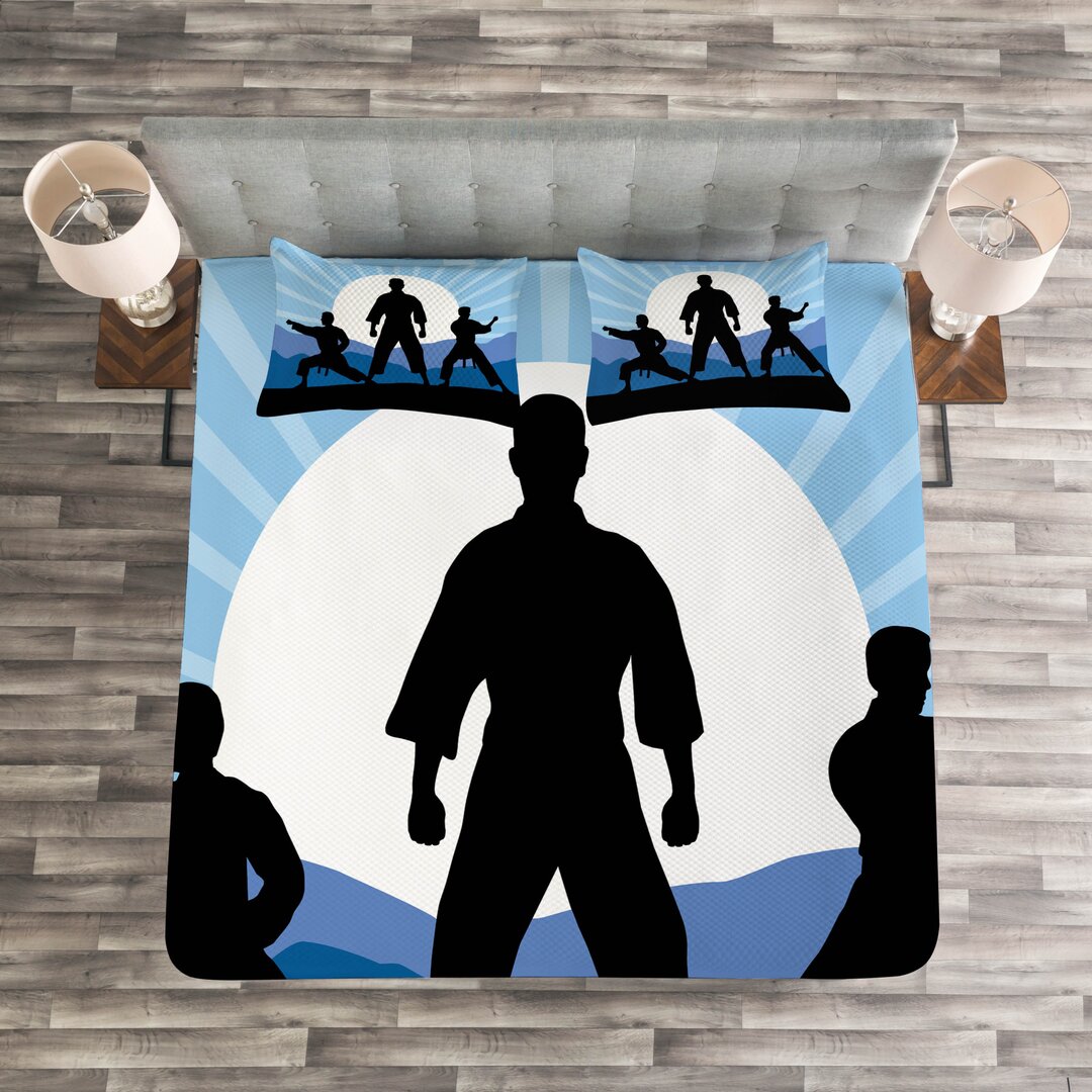 Gestepptes Bettdecken-Set, Karate Männer Silhouetten Sun, Kung Fu, Sky Blue Grau